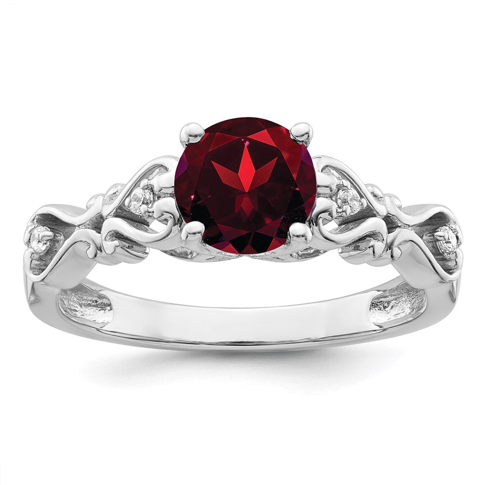 14k White Gold Polished Garnet and Real Diamond Ring