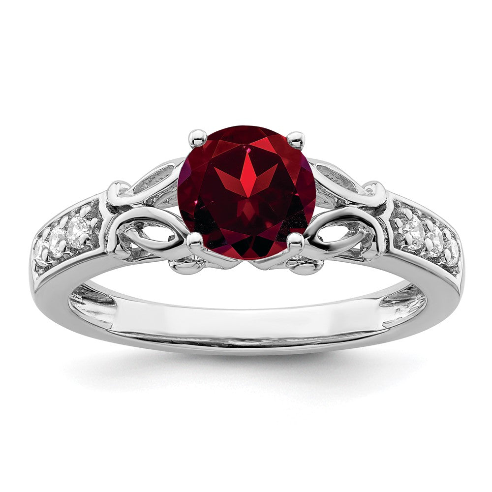 14k White Gold Polished Garnet and Real Diamond Ring