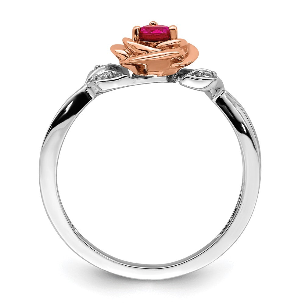 14K Two-Tone Gold White & Rose Ruby and Real Diamond Flower Ring