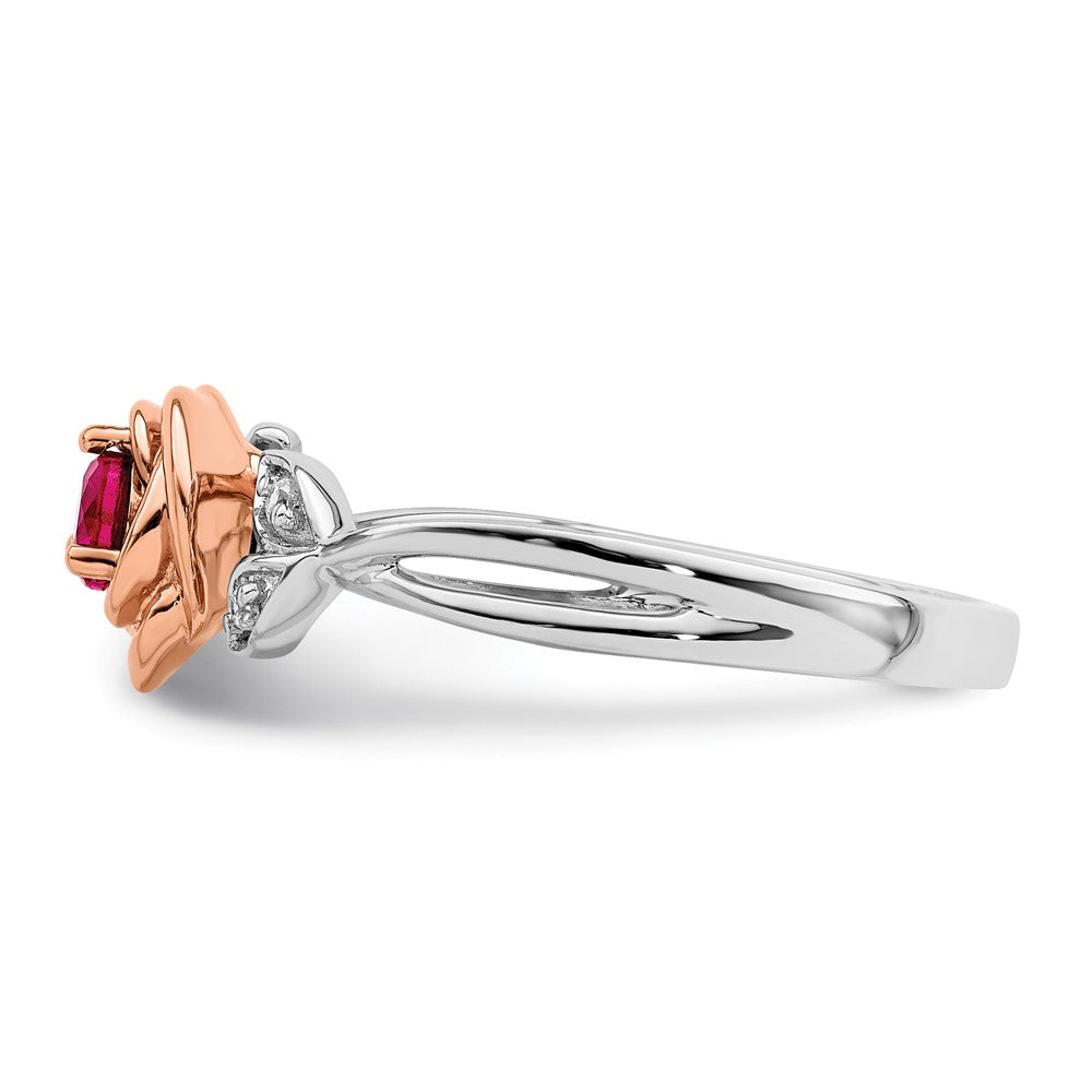 14K Two-Tone Gold White & Rose Ruby and Real Diamond Flower Ring