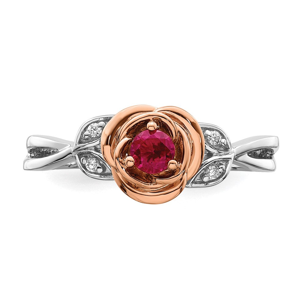 14K Two-Tone Gold White & Rose Ruby and Real Diamond Flower Ring