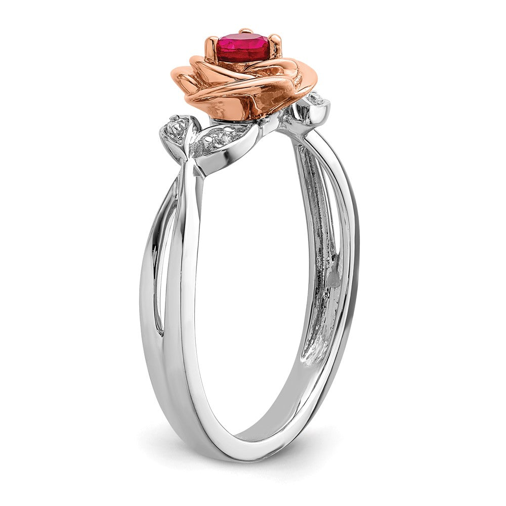 14K Two-Tone Gold White & Rose Ruby and Real Diamond Flower Ring