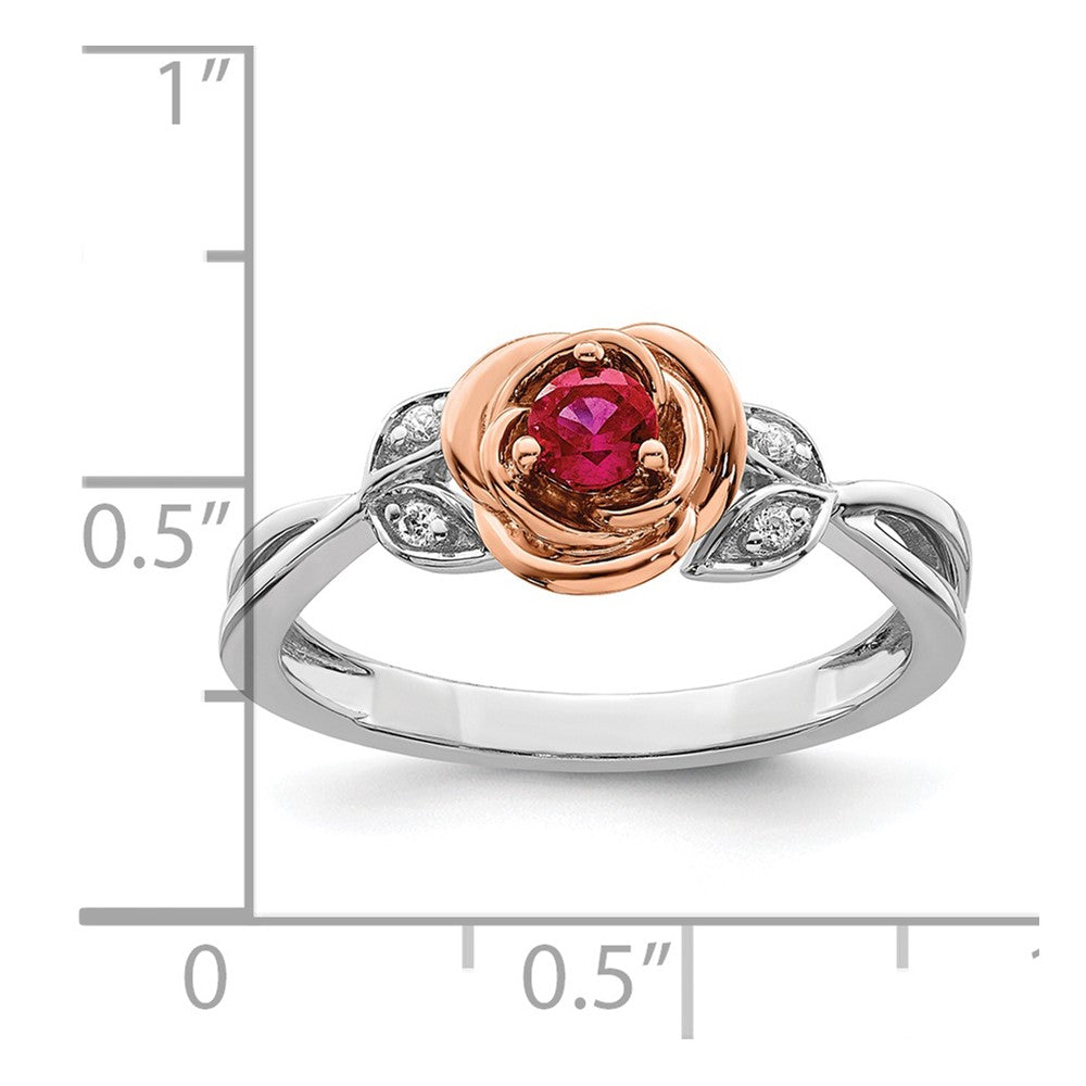 14K Two-Tone Gold White & Rose Ruby and Real Diamond Flower Ring