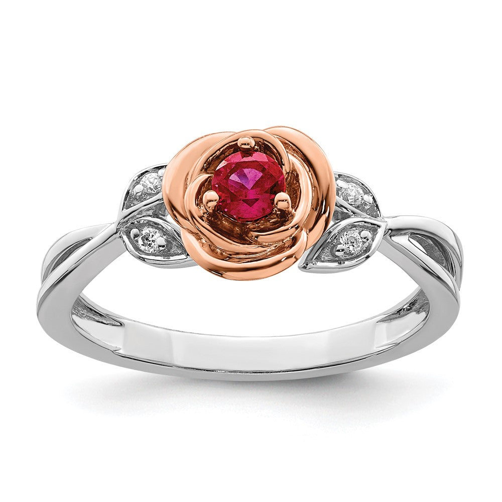 14K Two-Tone Gold White & Rose Ruby and Real Diamond Flower Ring