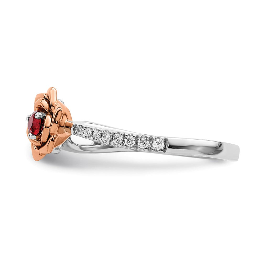 14K Two-Tone Gold White & Rose Ruby and Real Diamond Flower Ring