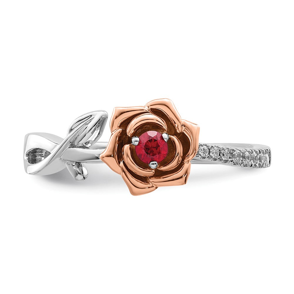 14K Two-Tone Gold White & Rose Ruby and Real Diamond Flower Ring