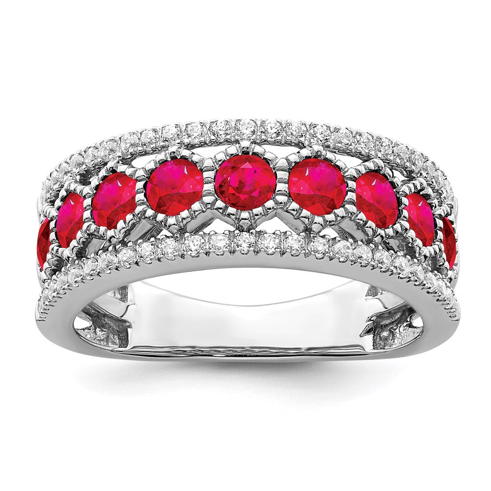 14k White Gold Polished Ruby and Real Diamond Ring