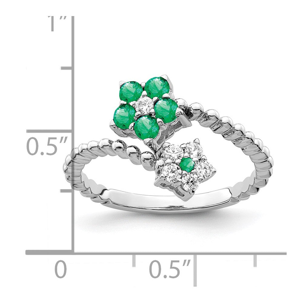 14k White Gold Polished Emerald and Real Diamond Floral Ring