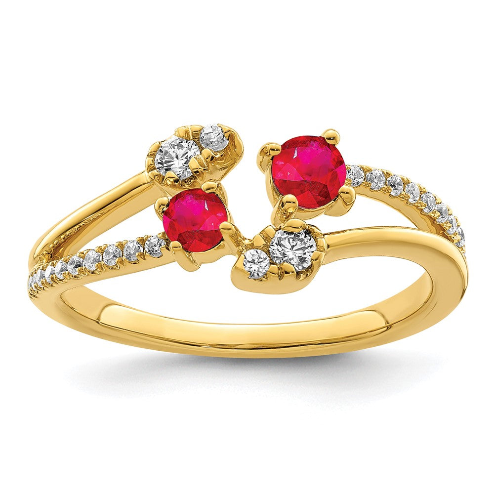 14k Gold Polished Ruby and Real Diamond Bypass Ring