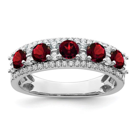 14k White Gold Polished Garnet and Real Diamond Ring