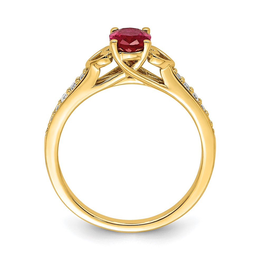 14K Yellow Gold Polished Side Hearts Ruby and Real Diamond Ring