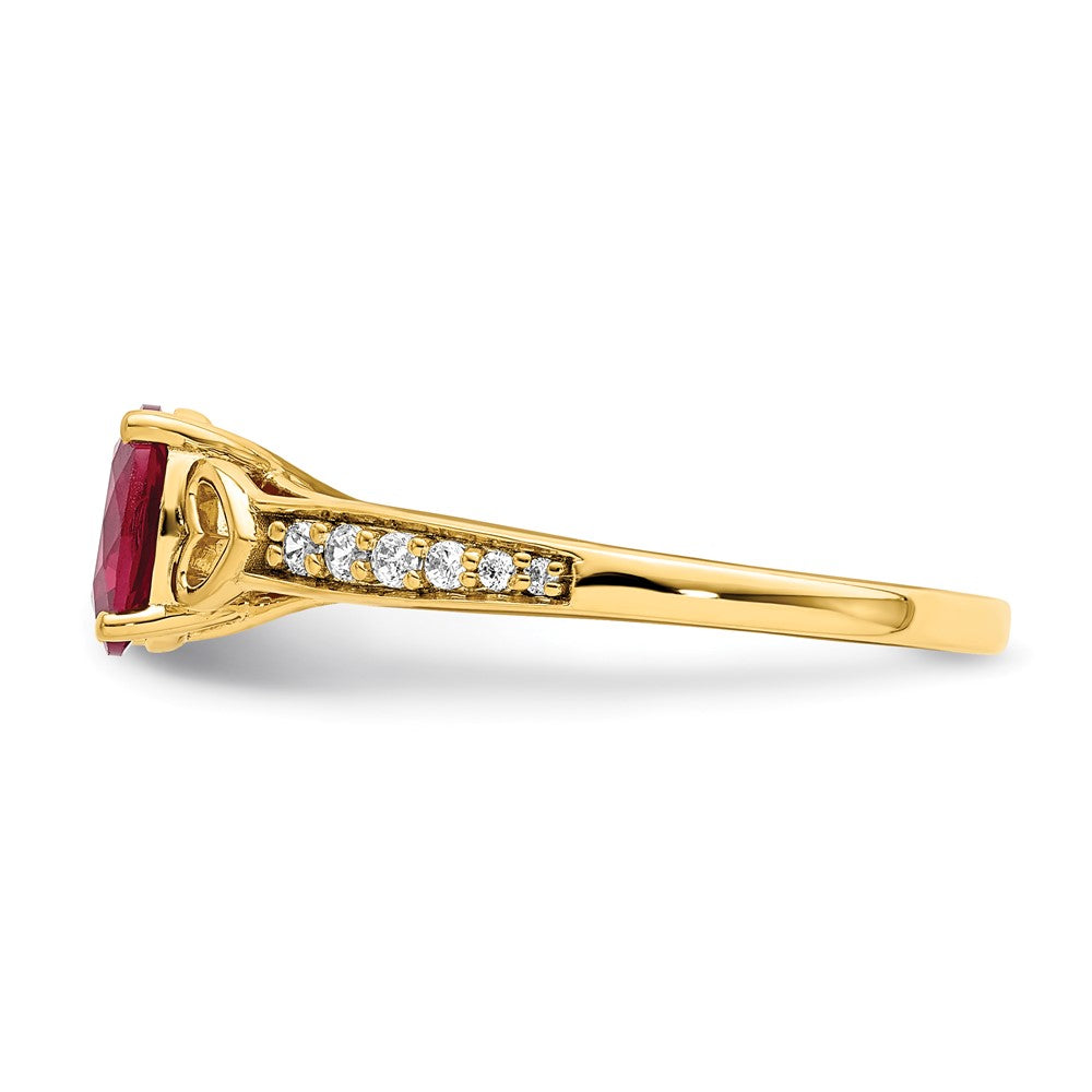 14K Yellow Gold Polished Side Hearts Ruby and Real Diamond Ring