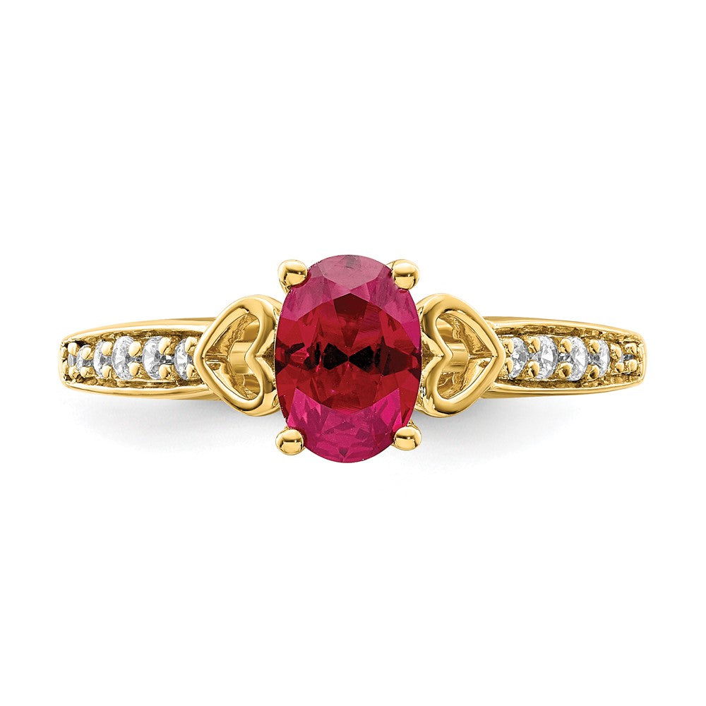 14K Yellow Gold Polished Side Hearts Ruby and Real Diamond Ring