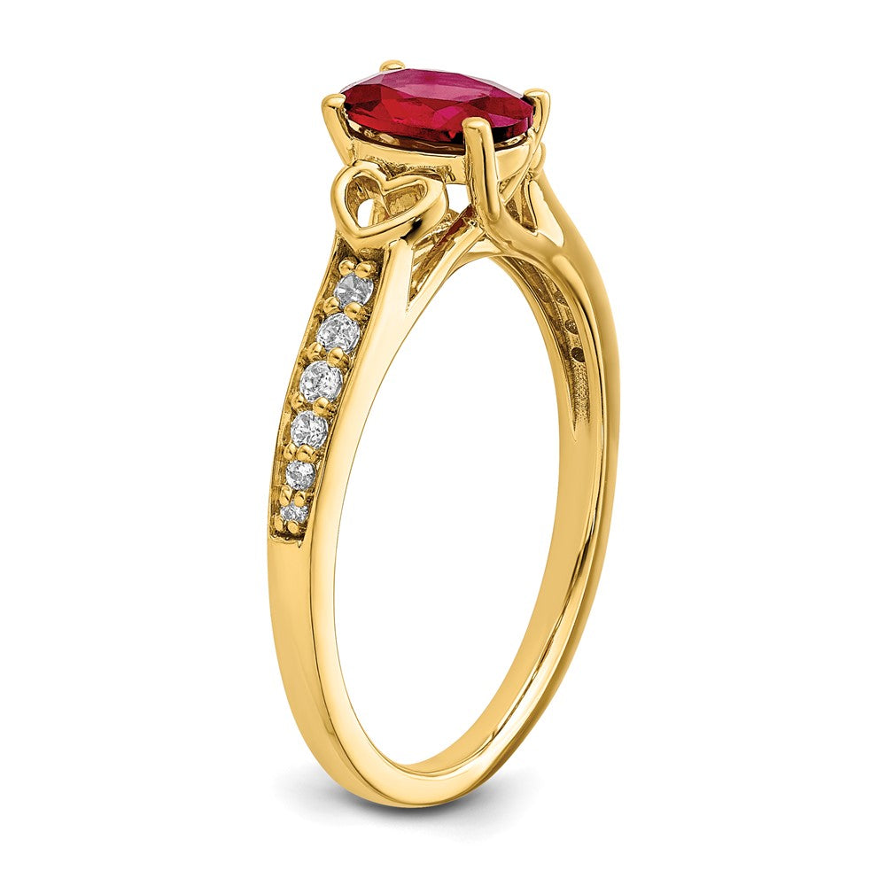 14K Yellow Gold Polished Side Hearts Ruby and Real Diamond Ring