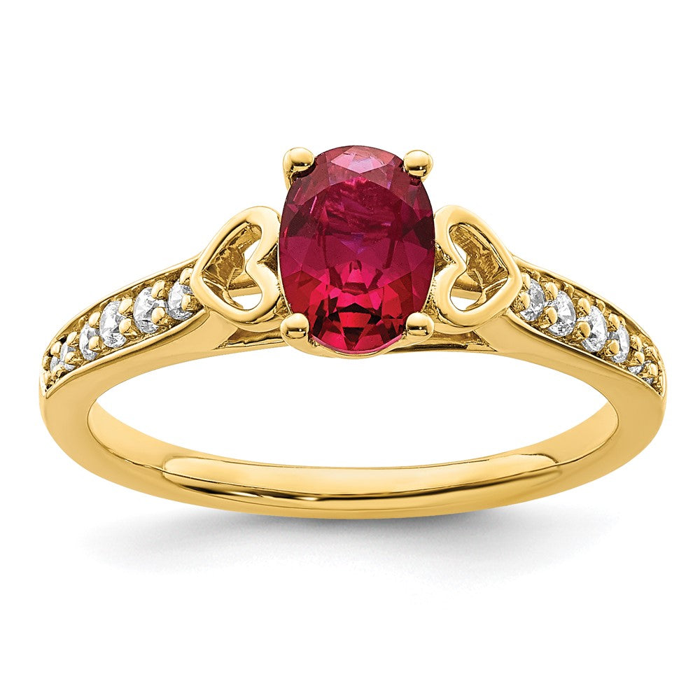 14K Yellow Gold Polished Side Hearts Ruby and Real Diamond Ring