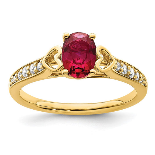 14K Yellow Gold Polished Side Hearts Ruby and Real Diamond Ring