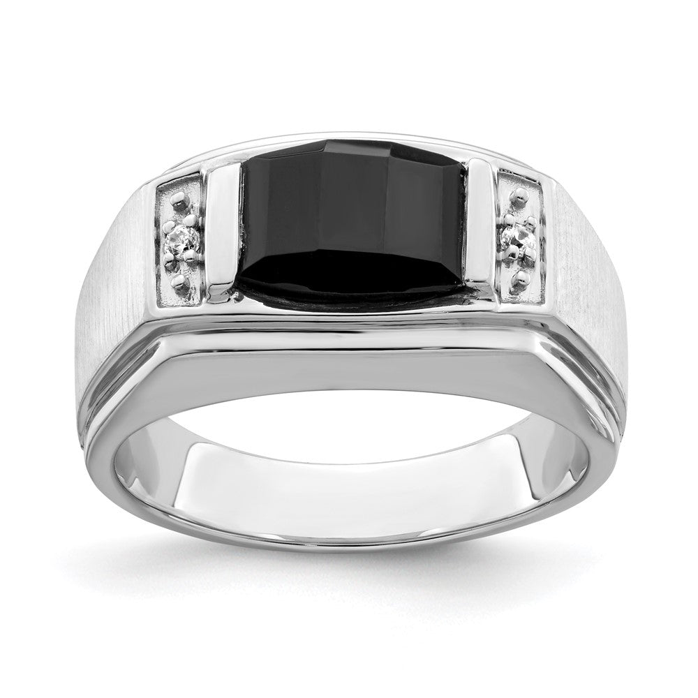 14k White Gold Polished & Satin Onyx & Real Diamond Mens Ring