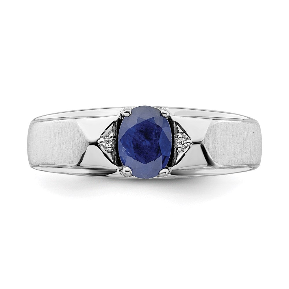 14K White Gold Polished & Satin Sapphire & Real Diamond Mens Ring