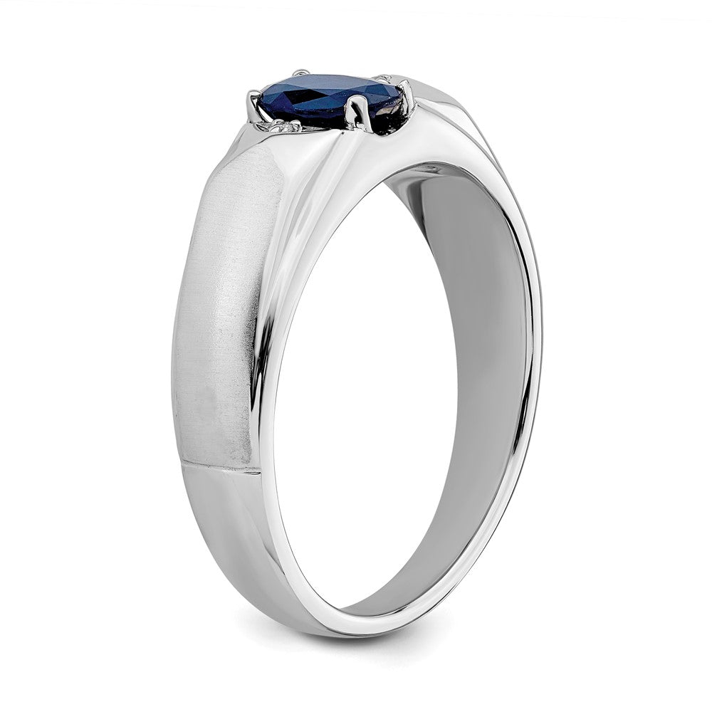 14K White Gold Polished & Satin Sapphire & Real Diamond Mens Ring