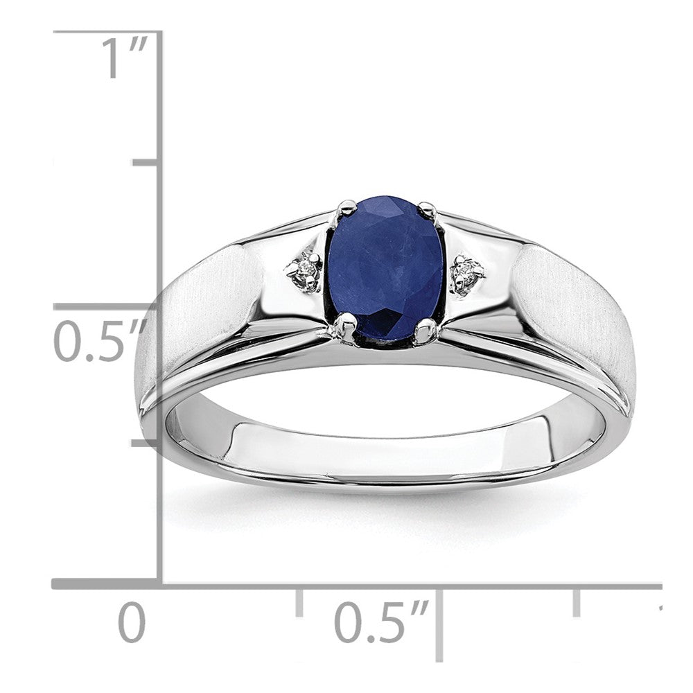 14K White Gold Polished & Satin Sapphire & Real Diamond Mens Ring