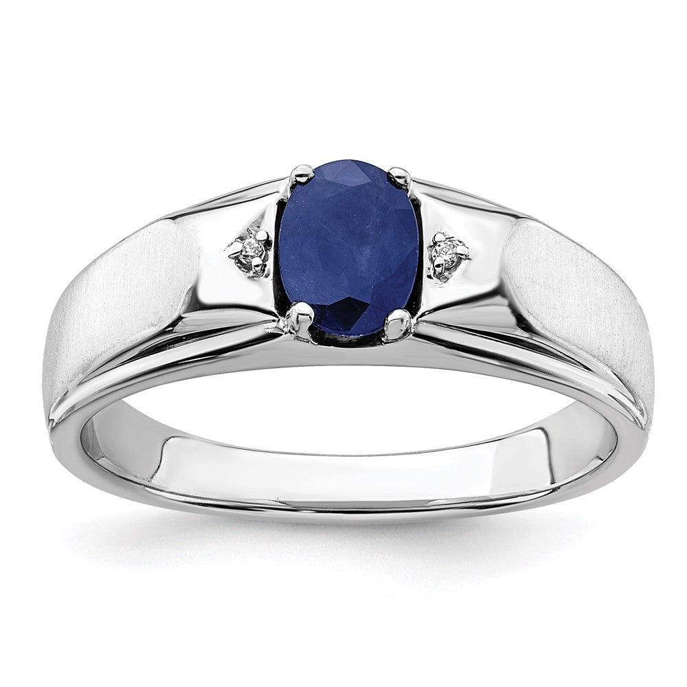 14K White Gold Polished & Satin Sapphire & Real Diamond Mens Ring