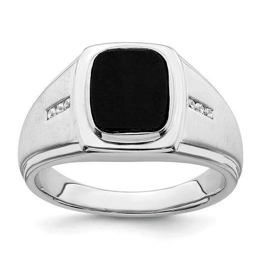 14k White Gold Polished & Satin Onyx & Real Diamond Mens Ring