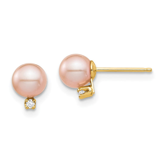 14K Madi K 5 6mm Pink Round FW Cultured Pearl .02ct Diamond Post Earrings