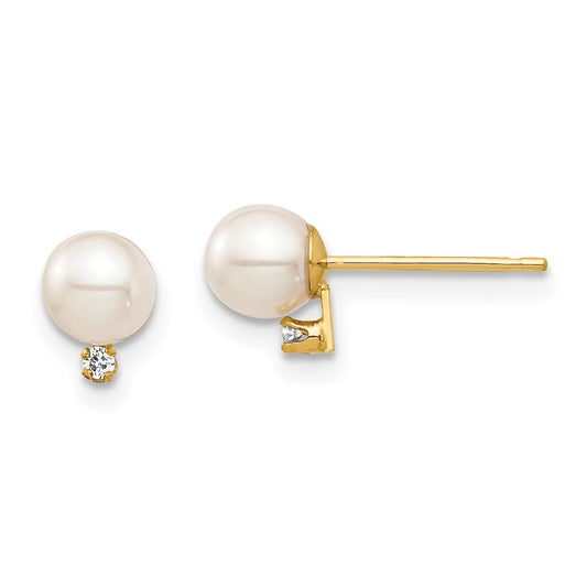 14K Madi K 4 5mm White Round FW Cultured Pearl .02ct Diamond Post Earrings