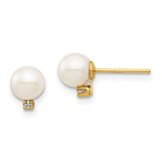 14K Madi K 5 6mm White Round FW Cultured Pearl .02ct Diamond Post Earrings