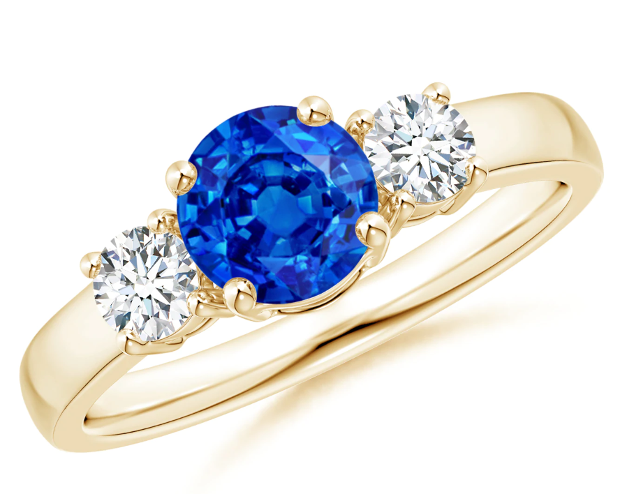 Classic Created Blue Sapphire & CZ Three Stone Engagement Ring in 14K Yellow Gold