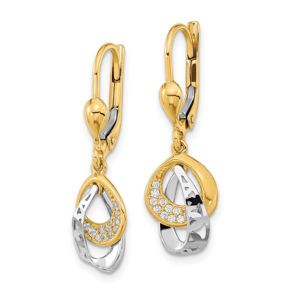 14k Two-tone Gold D/C Teardrop CZ Dangle Leverback Earrings