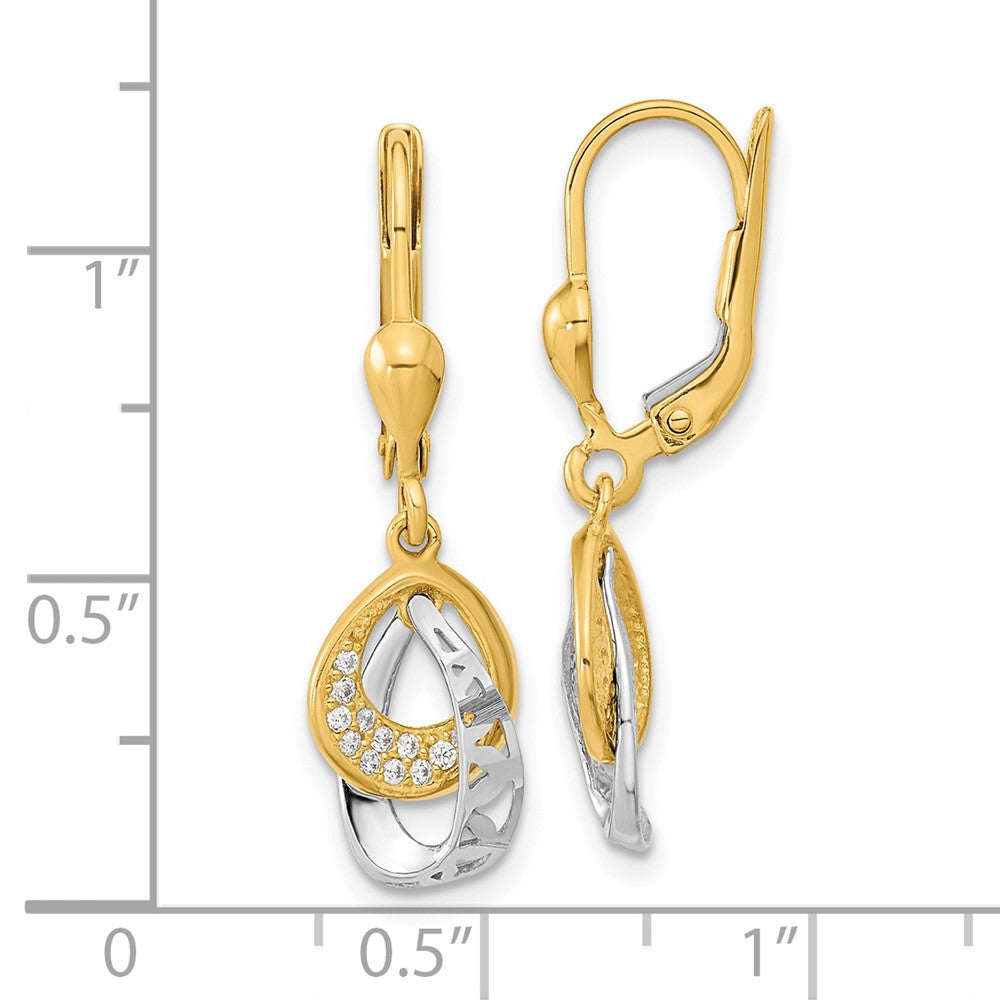 14k Two-tone Gold D/C Teardrop CZ Dangle Leverback Earrings