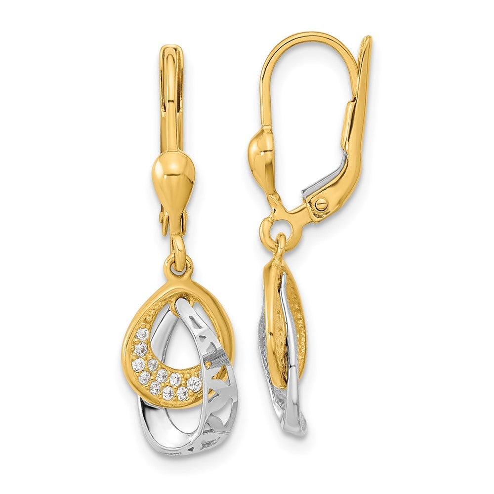 14k Two-tone Gold D/C Teardrop CZ Dangle Leverback Earrings