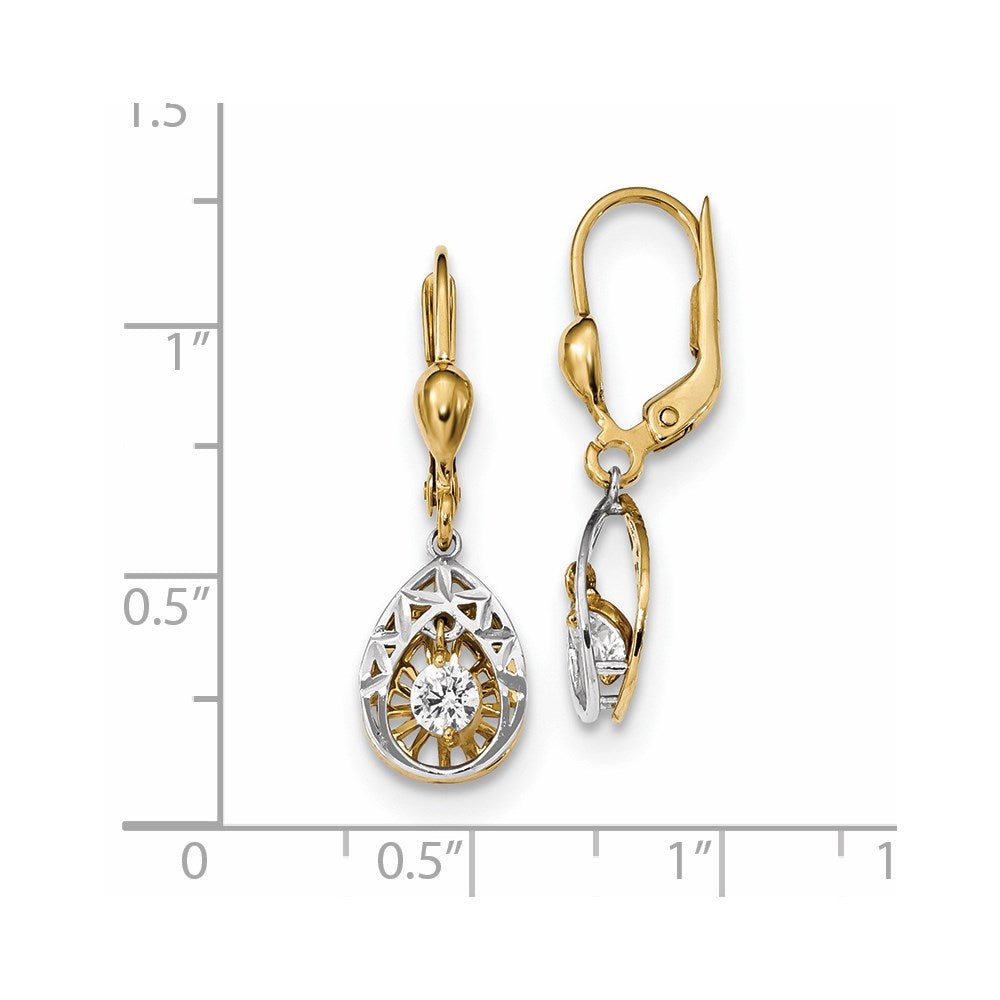 14k Two-tone Gold CZ Teardrop Dangle D/C Leverback Earrings