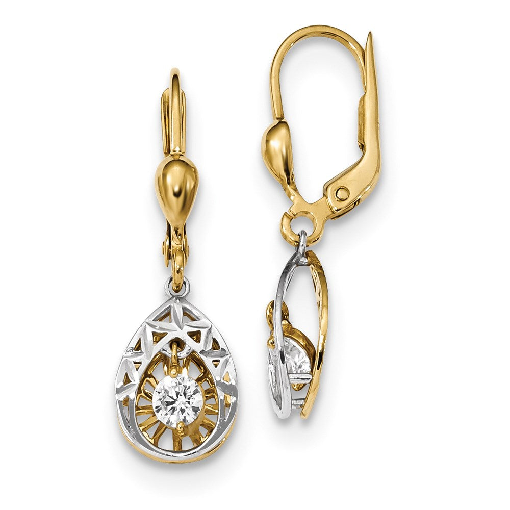 14k Two-tone Gold CZ Teardrop Dangle D/C Leverback Earrings