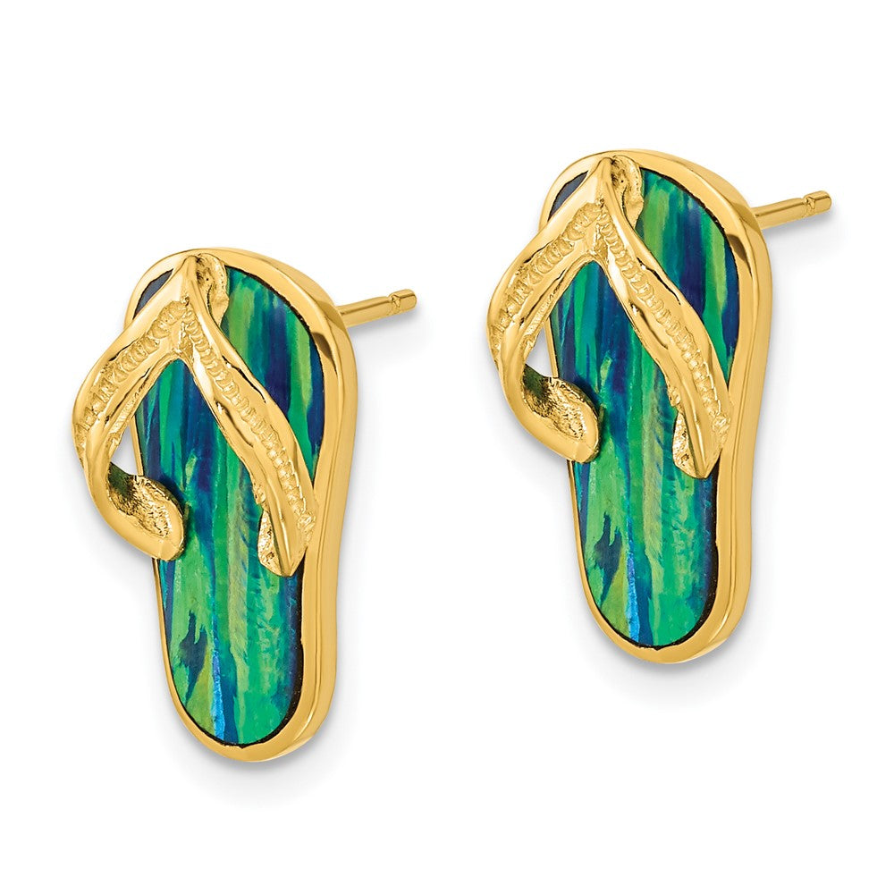 14k Yellow Gold Polished w/Created Blue Opal Flip Flop Post Earrings