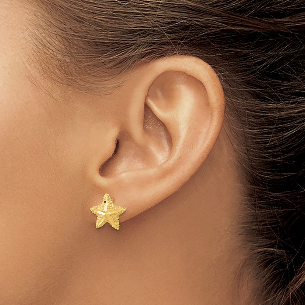 14k Yellow Gold Polished Diamond-cut Starfish Post Earrings