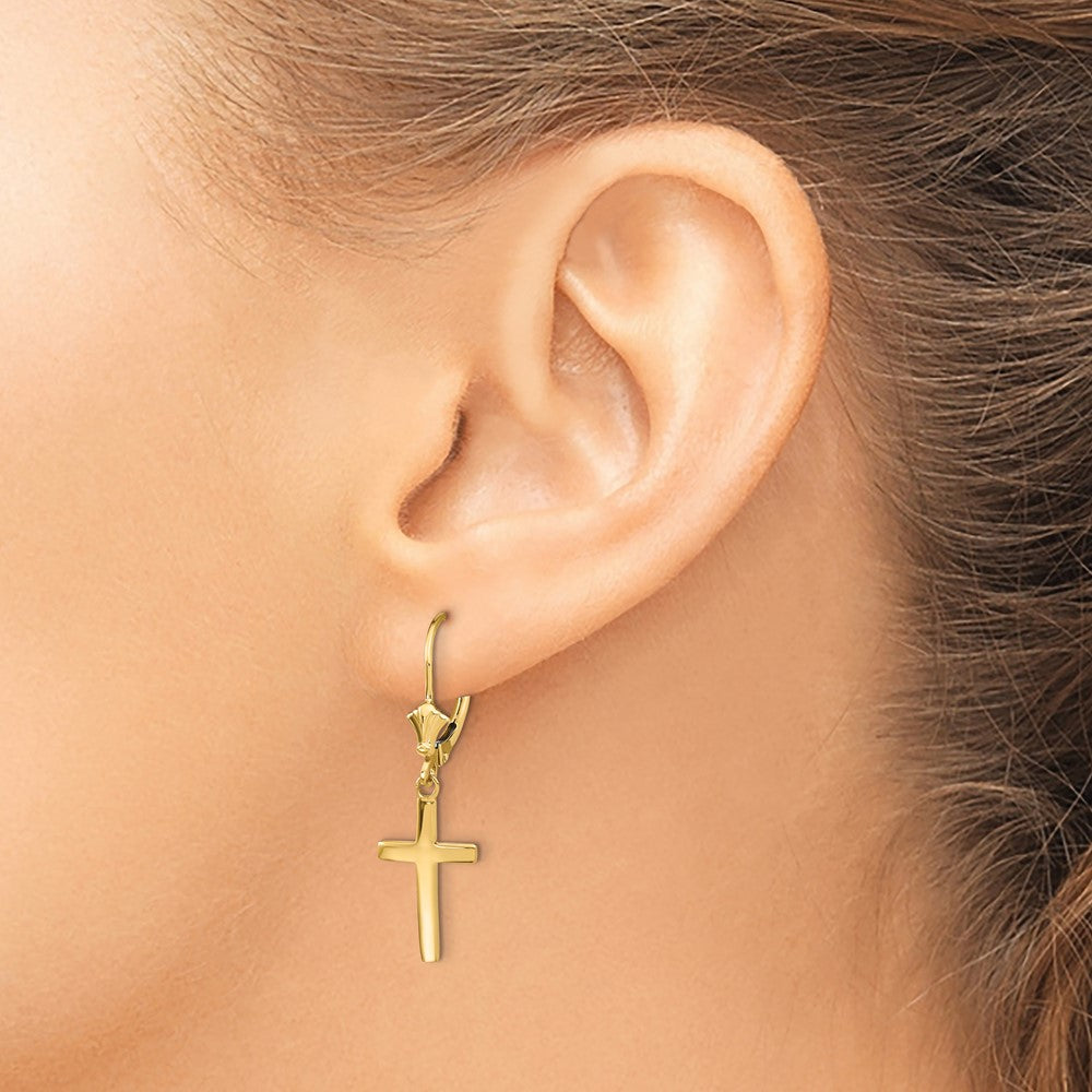 14k Yellow Gold Polished Cross Leverback Earrings