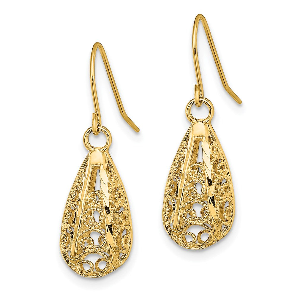 14k Yellow Gold 3-D D/C Teardrop Dangle Wire Earrings