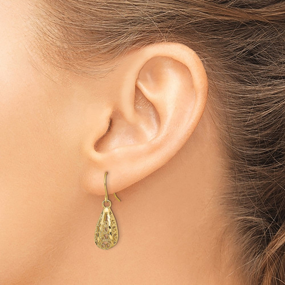 14k Yellow Gold 3-D D/C Teardrop Dangle Wire Earrings