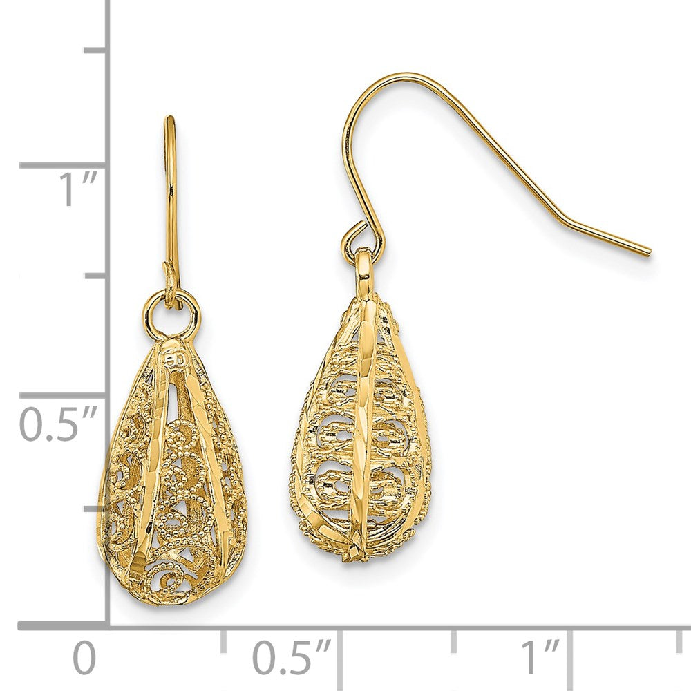 14k Yellow Gold 3-D D/C Teardrop Dangle Wire Earrings