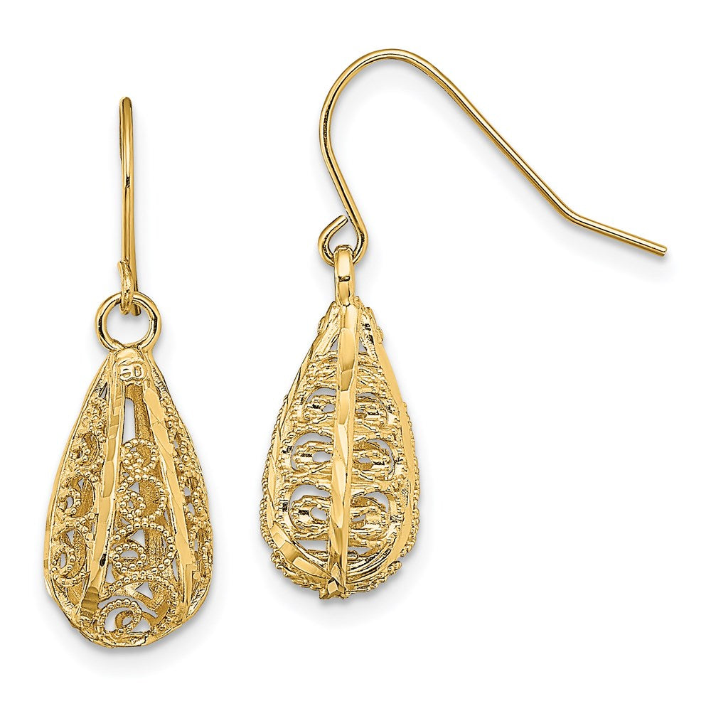 14k Yellow Gold 3-D D/C Teardrop Dangle Wire Earrings