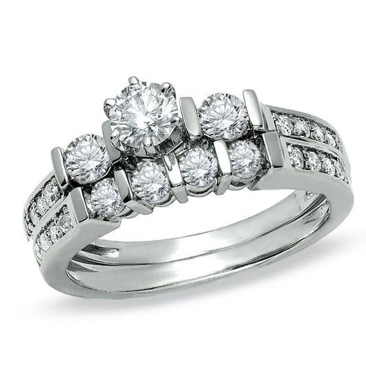 1 CT. T.W. Diamond Three Stone Bridal Engagement Ring Set in 14K White Gold