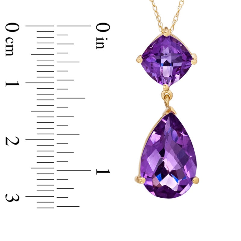 Pear and Cushion-Cut Amethyst Drop Pendant in 10K Yellow Gold