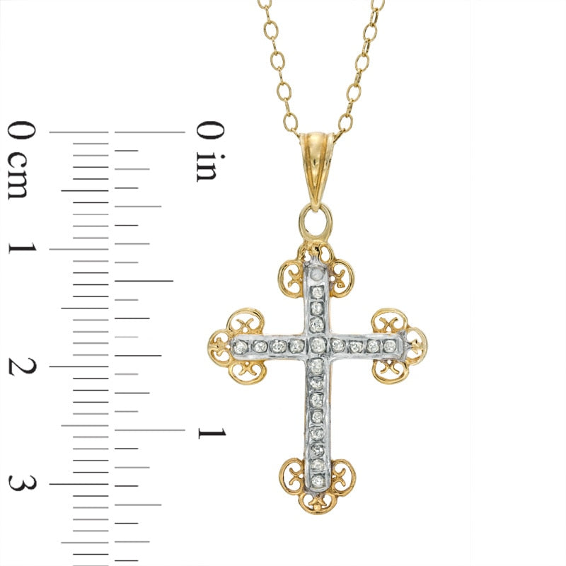 Natural Diamond Fascination™ Antique Vintage-Style Cross Pendant in Sterling Silver and 18K Gold Plate