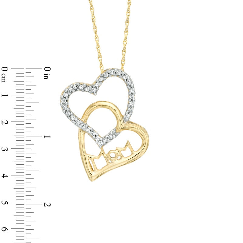 0.1 CT. T.W. Natural Diamond Double Heart "Mom" Pendant in 10K Yellow Gold