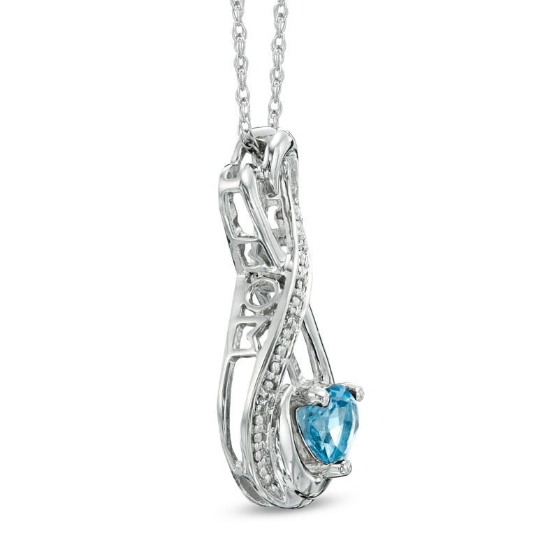 5.0mm Heart-Shaped Blue Topaz and Natural Diamond Accent Infinity Heart "MOM" Pendant in Sterling Silver