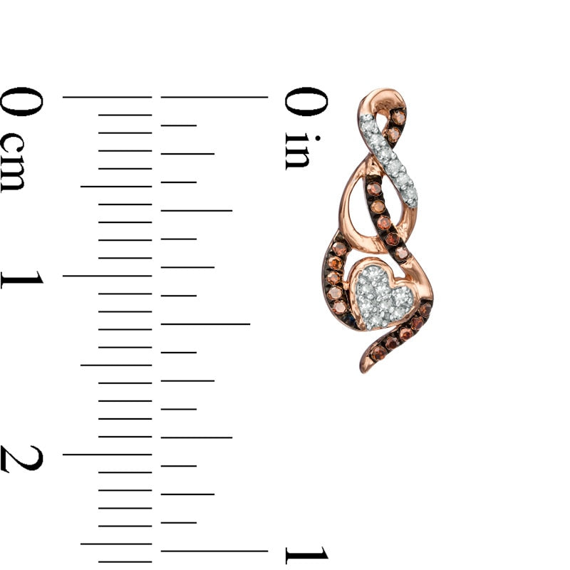 0.13 CT. T.W. Enhanced Cognac and White Diamond Heart Drop Earrings in 10K Rose Gold