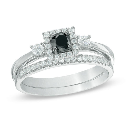 1/2 CT. T.W. Enhanced Black and White Diamond Three Stone Bridal Set in 14K White Gold