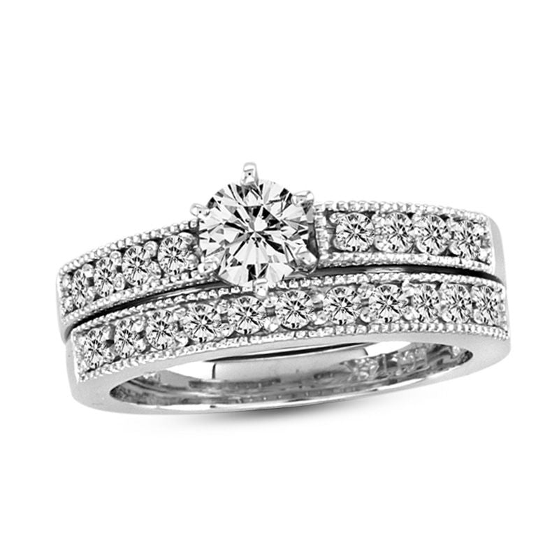 7/8 CT. T.W. Diamond Vintage-Style Bridal Set in 14K White Gold